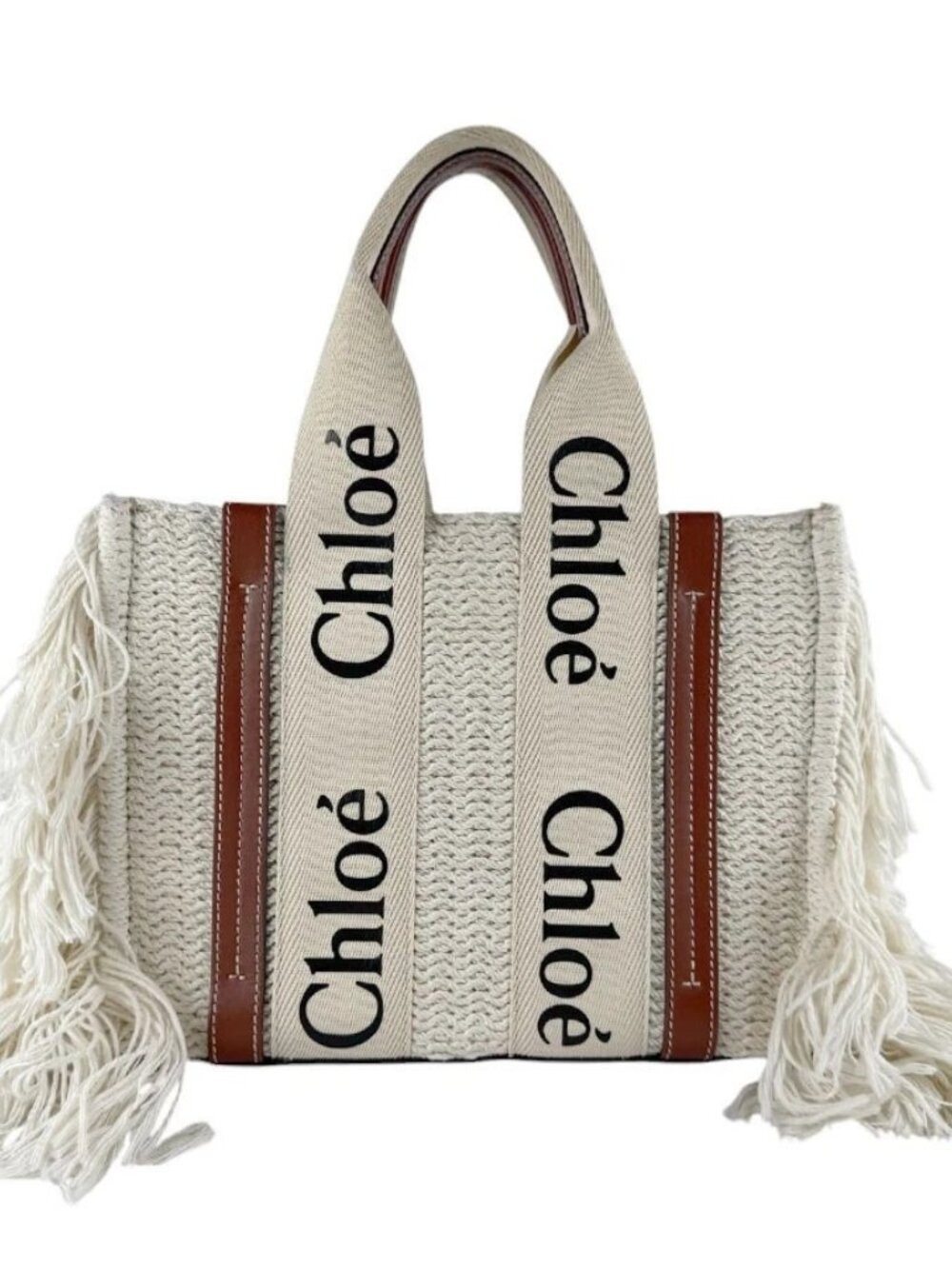 Chloe Woody Small Handbag Shoulder Bag Off White/Brown Cotton/Leather